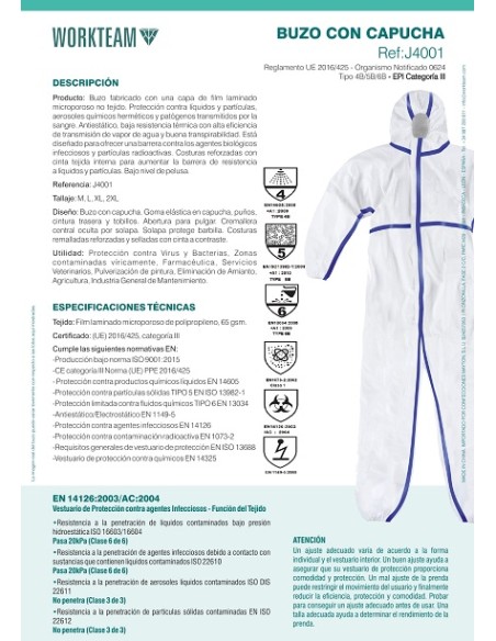 BUZO DESECHABLE RIESGO QUIMICO J4001 WORKTEAM