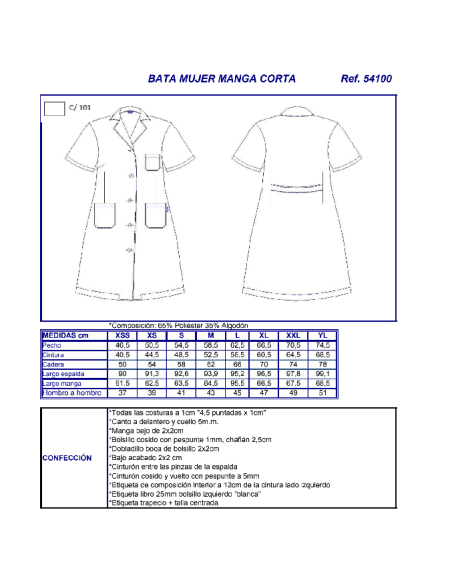 BATA SANITARIA MUJER MANGA CORTA 541000 GARYS