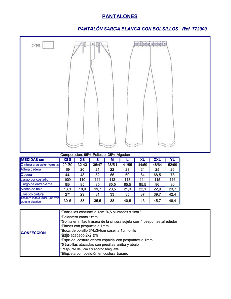 PANTALON SANITARIO BLANCO 7720 GARYS