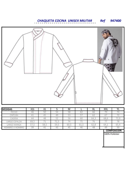 CHAQUETA COCINA UNISEX MICROFIBRA MILITA GARYS