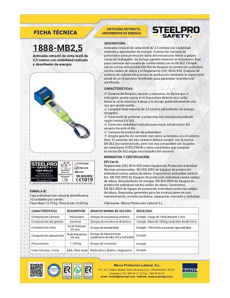 ANTICAIDAS RETRACTIL CINTA 2.5 MTS STEELPRO