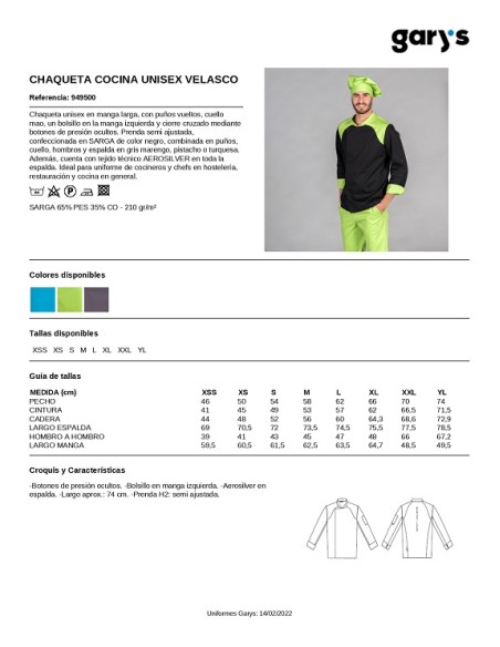 CHAQUETA COCINA UNISEX VELASCO GARYS