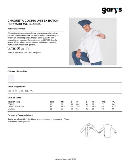 CHAQUETA COCINA BOTON FORRADO GARYS