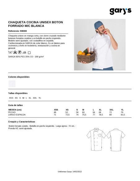 CHAQUETA COCINA BOTON FORRADO 908000 GARYS