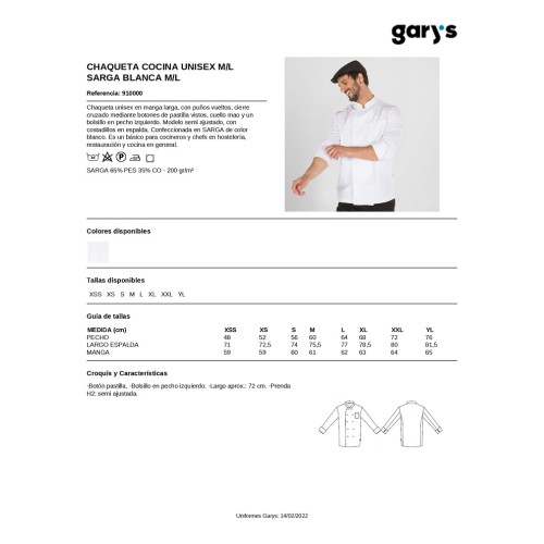 CHAQUETA COCINA UNISEX BASICA 910000 MARCA GARYS 2