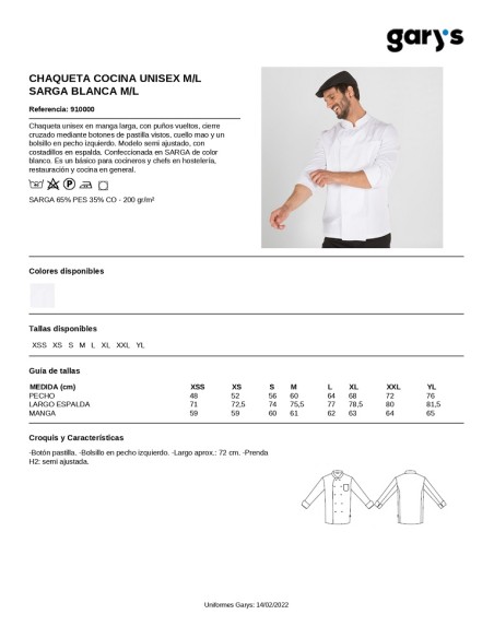 CHAQUETA COCINA UNISEX BASICA 910000 MARCA GARYS