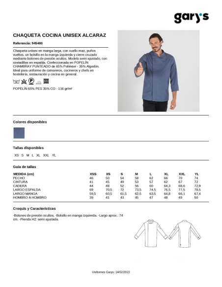 CHAQUETA COCINA UNISEX ALCAZAR GARYS