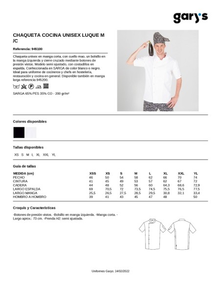 CHAQUETA COCINA UNISEX BLANCA LUQUE GARYS