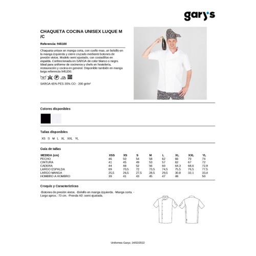 CHAQUETA COCINA UNISEX NEGRA LUQUE GARYS 2