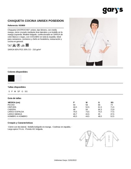 CHAQUETA COCINA UNISEX POSEIDON GARYS