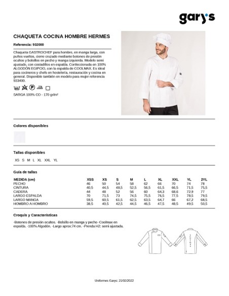 CHAQUETA COCINA ALGODON EGIPCIO HERMES GARYS