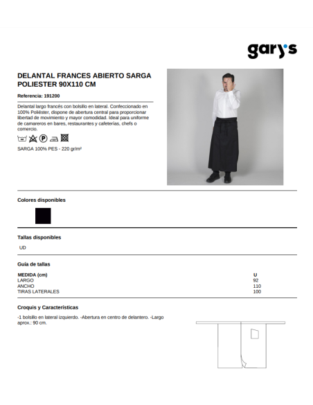 DELANTAL FRANCES ABIERTO 191200 90 X110 CM  GARYS